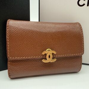 CHANEL Tan Caviar Leather Wallet with Gold Accent